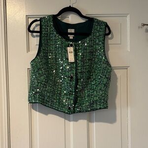 Maeve Green Sequin Tweed Cropped Vest